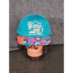 Vintage Wootens Ochopee Florida Airboat Snapback Hat Teal Geometric Brim San Sun